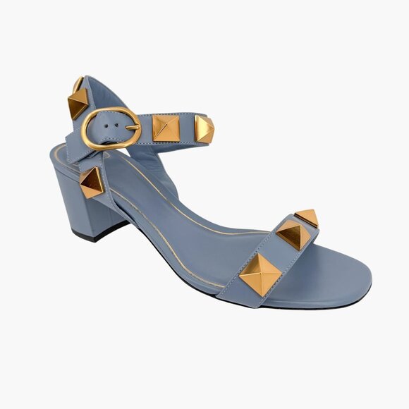 Valentino Garavani Roman Stud Block Heel Sandals Blue Leather Size 39 US 9 - Picture 8 of 15